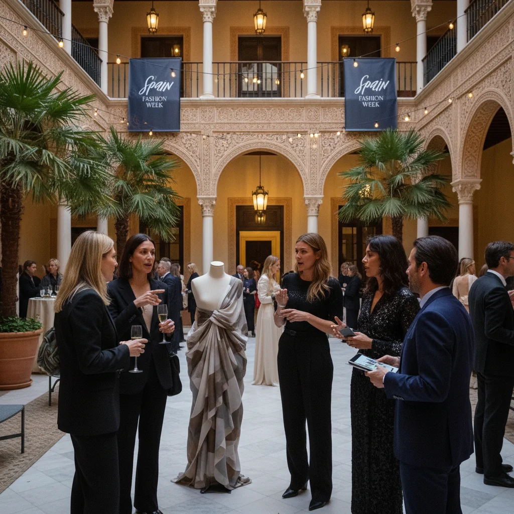 Diseñadores y compradores conversando en un evento de moda español