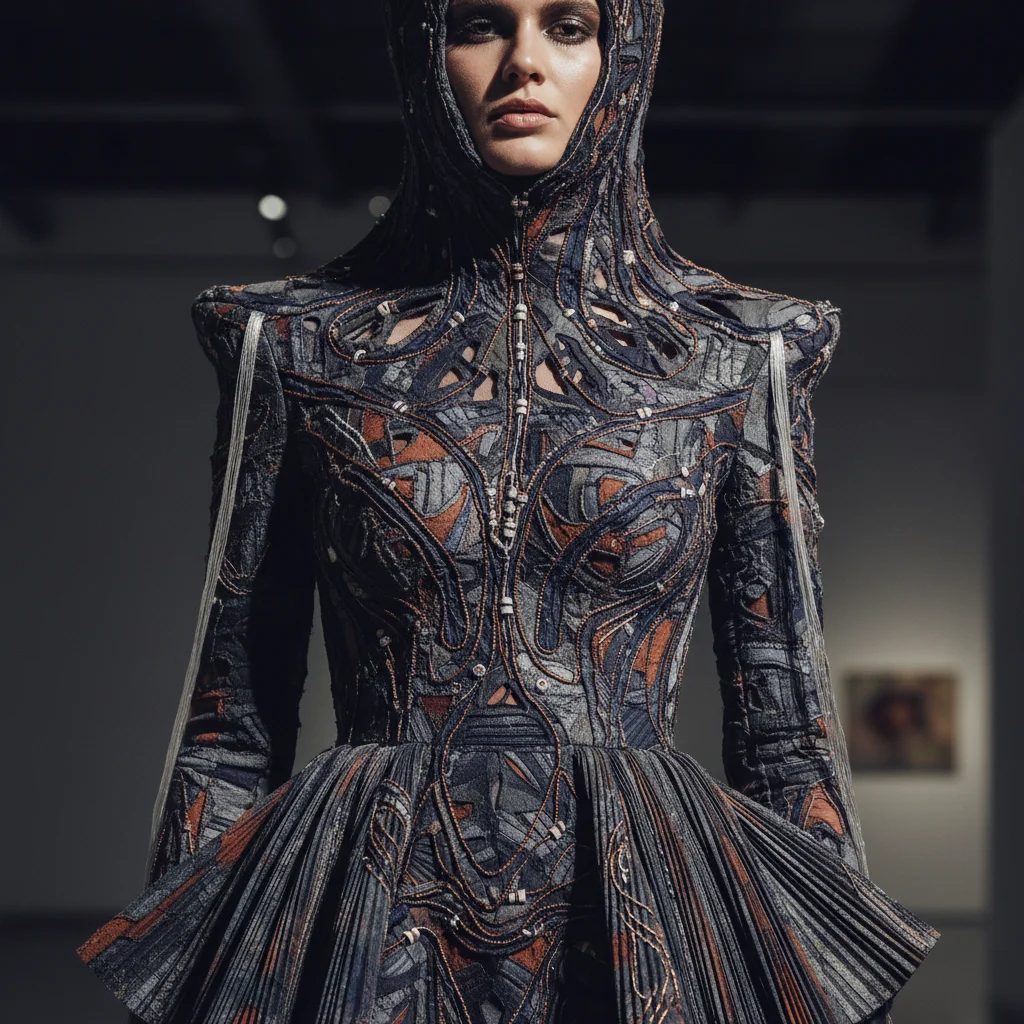 Modelo luciendo diseño vanguardista con texturas innovadoras de un diseñador español emergente.