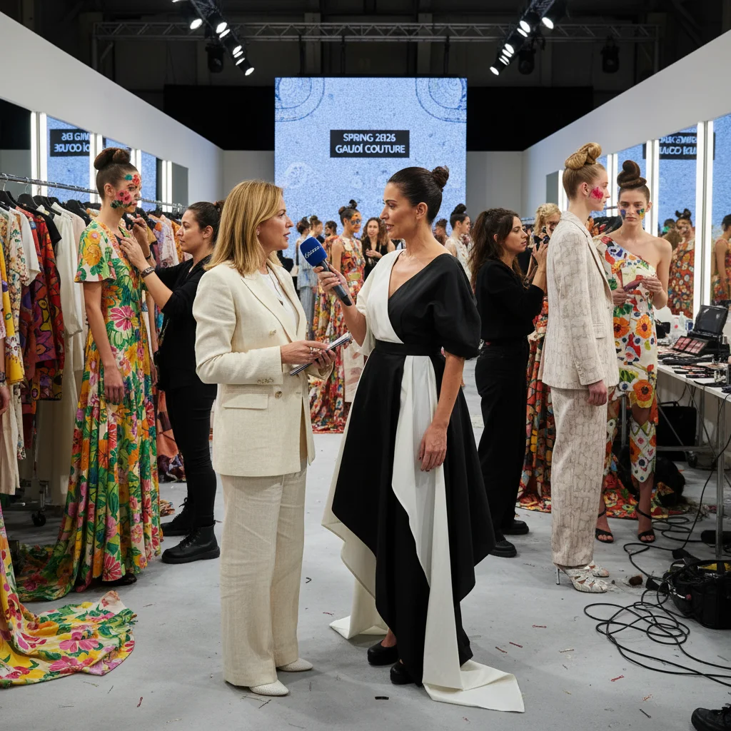Periodista de moda entrevistando a un diseñador en backstage