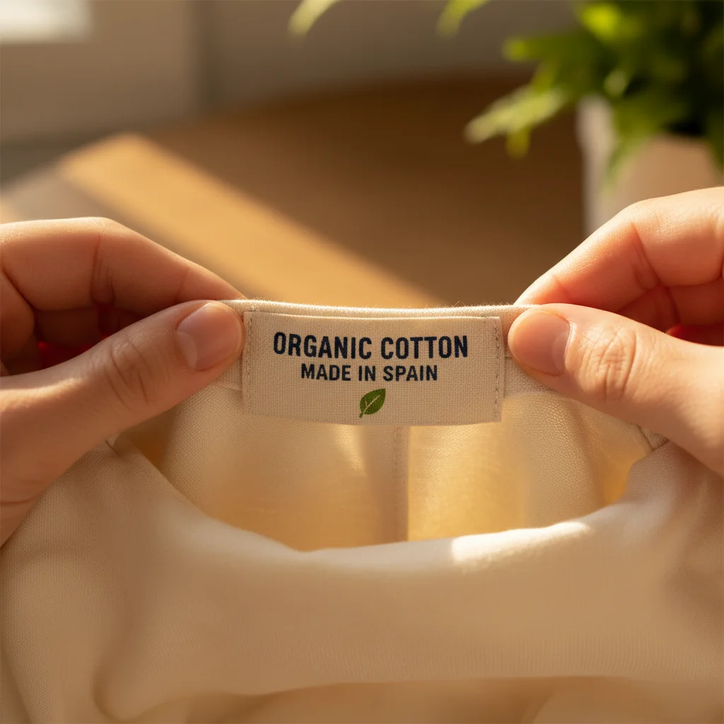 Etiqueta de ropa que indica algodón orgánico y fabricación en España.