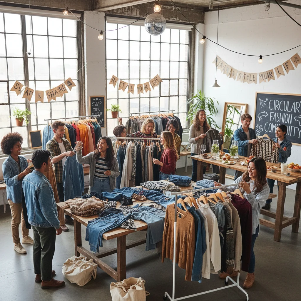 Grupo de personas jóvenes e diversas participando en un evento de intercambio de ropa, fomentando la comunidad y la moda circular.
