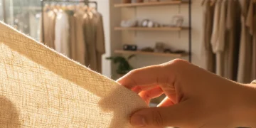 Mano tocando tejido ecológico natural en una tienda de moda sostenible
