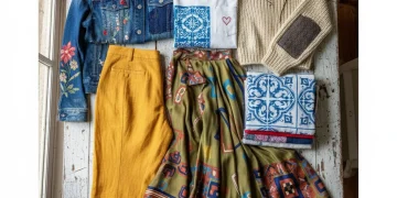 Conjunto de ropa diversa, con algunas prendas reparadas y otras nuevas, simbolizando la moda circular y la extensión de la vida útil de las prendas en España.