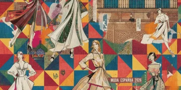 Collage artístico que representa la fusión de moda, tradición y vanguardia española para 2026.