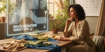 Diseñadora de moda española examinando tejidos sostenibles y gráficos de reducción de residuos textiles.