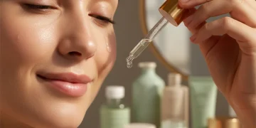 Mujer aplicando sérum facial con gotero, piel radiante y sana