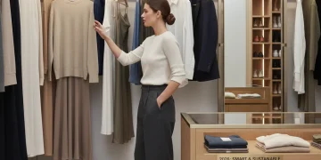 Mujer elegante organizando su armario cápsula con prendas básicas versátiles para 2026
