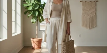 Mujer elegante con ropa de moda sostenible de algodón orgánico en tonos neutros