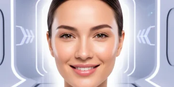 Mujer con piel radiante y sin imperfecciones, sonriendo suavemente, simbolizando el éxito del cuidado facial en 2026.