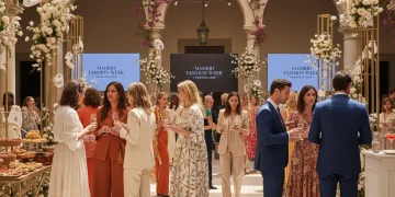 Profesionales de la moda haciendo networking en un desfile español de Primavera 2026