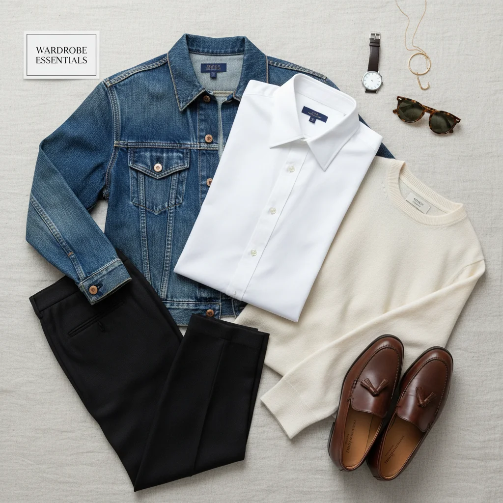 Conjunto de prendas básicas versátiles: camisa blanca, pantalón negro, jersey cachemir, chaqueta vaquera y mocasines