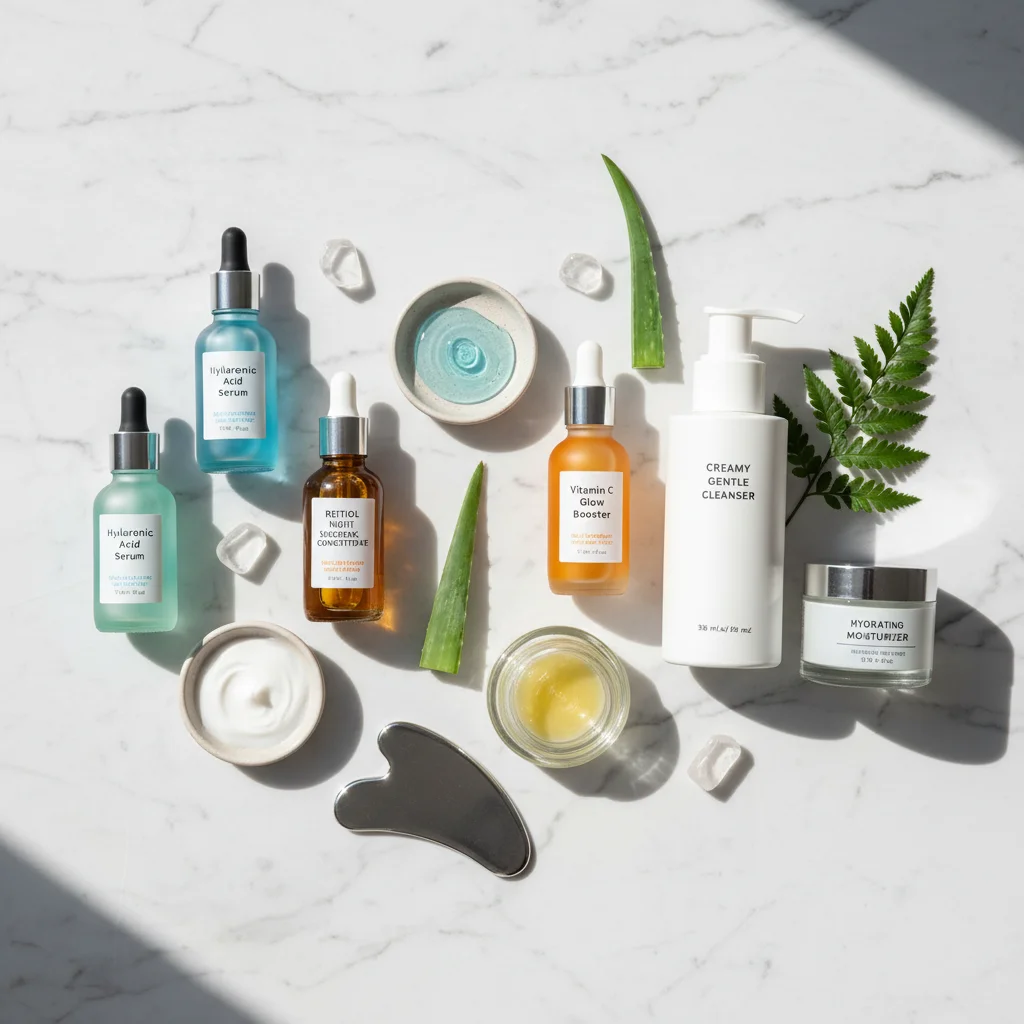 Productos de cuidado de la piel avanzados y serums dispuestos artísticamente, representando una rutina de belleza eficaz.