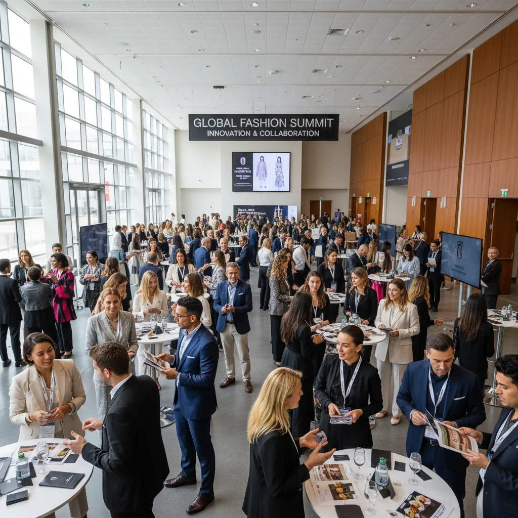Profesionales de la moda interactuando en un evento, fomentando negocios y colaboraciones.