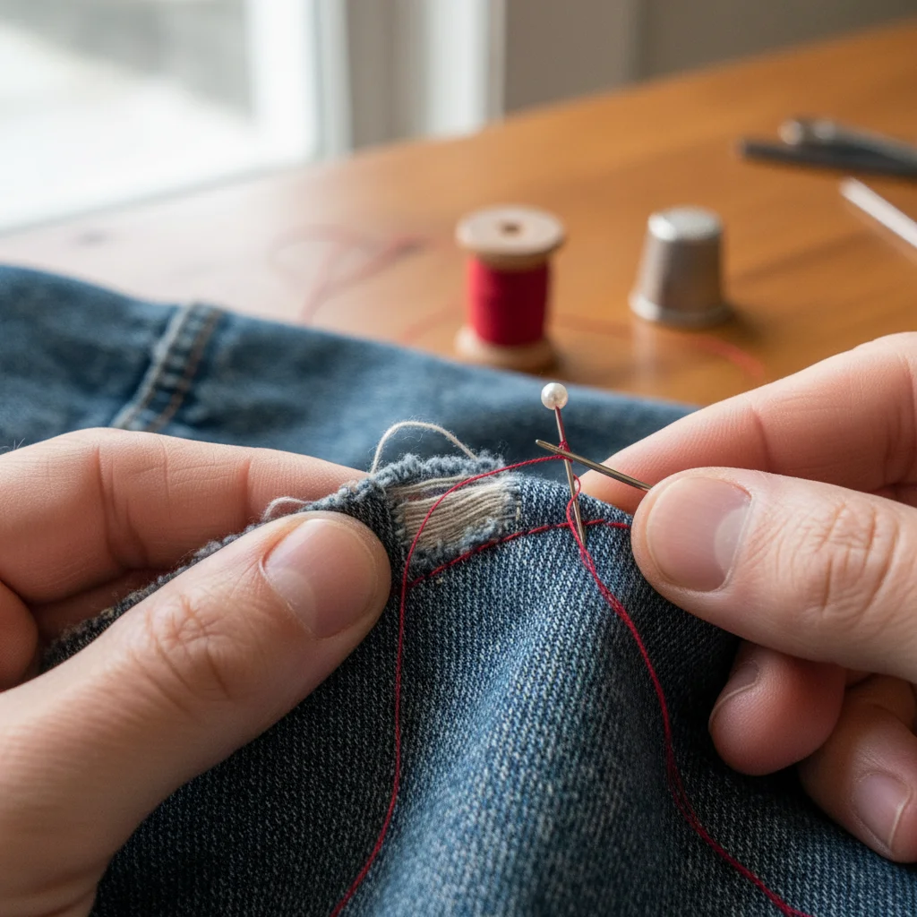 Manos cosiendo y reparando una prenda de vestir rasgada, destacando la importancia de la reparación y el cuidado para alargar la vida de la ropa.