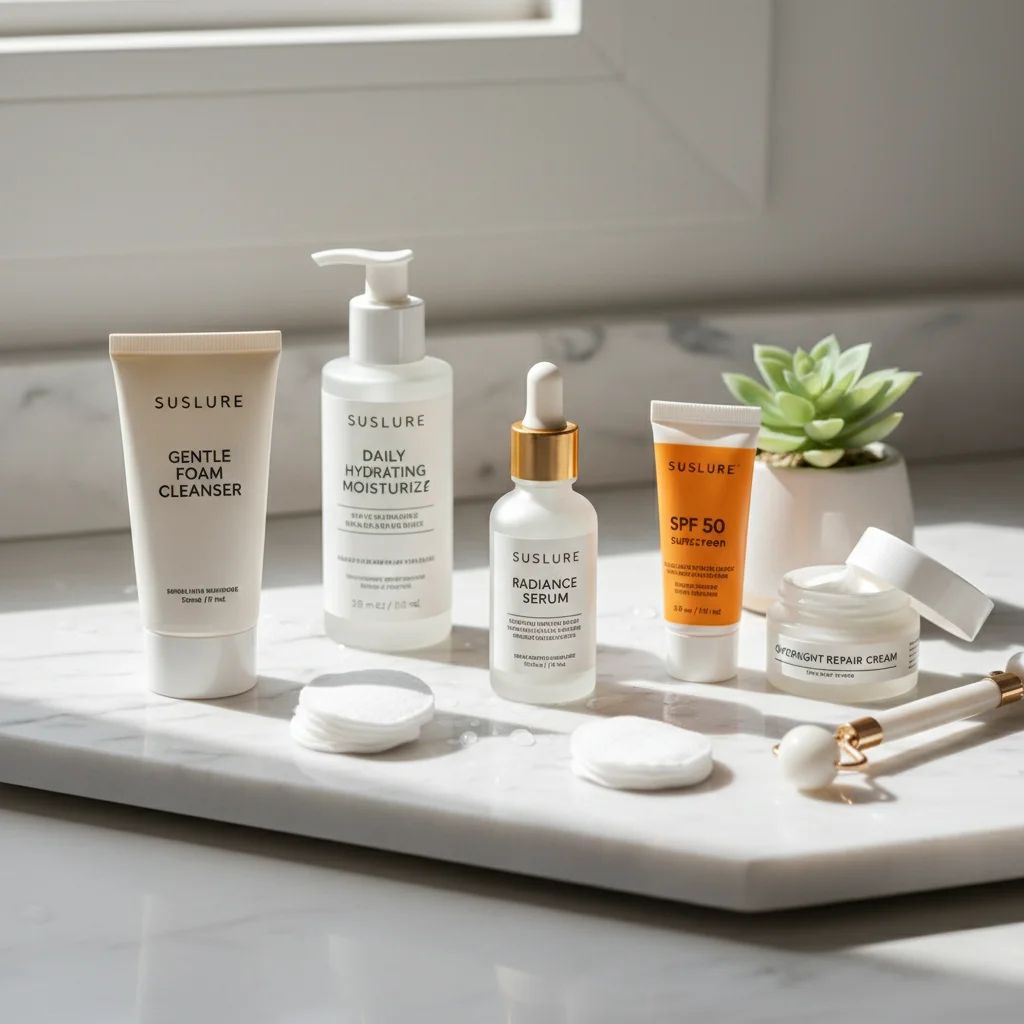 Rutina de cuidado facial con sérum como producto central