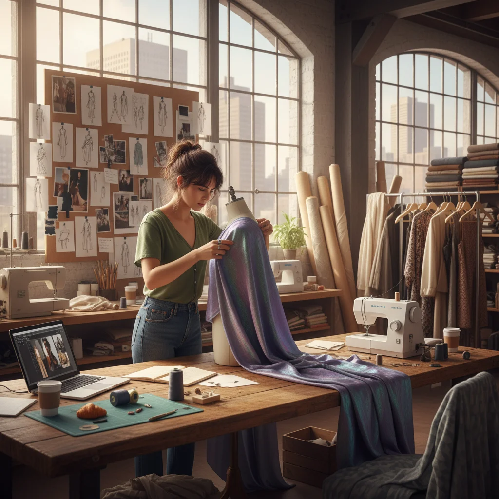Joven diseñador español trabajando en su taller, rodeado de tejidos y bocetos de su nueva colección.